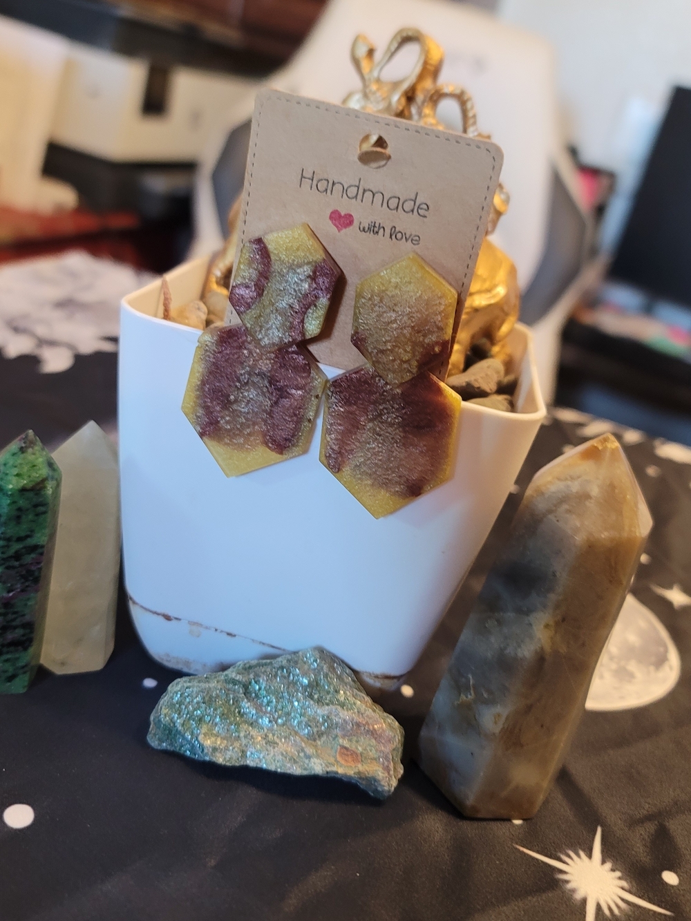 🔥3 For $20 Handmade Hexagon Resin Earrings in Gold and Bronze